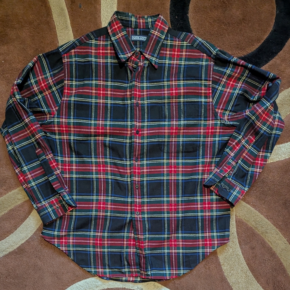 Vintage Lands End Red Blue Flannel Shirt Mens Large 16 Thick shirt Plaid Grunge